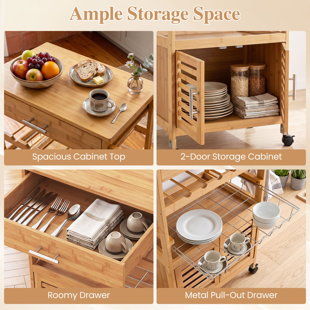 Bamboo Rolling Kitchen Island Trolley with Storage Cabinet and Wine Rack - Natural