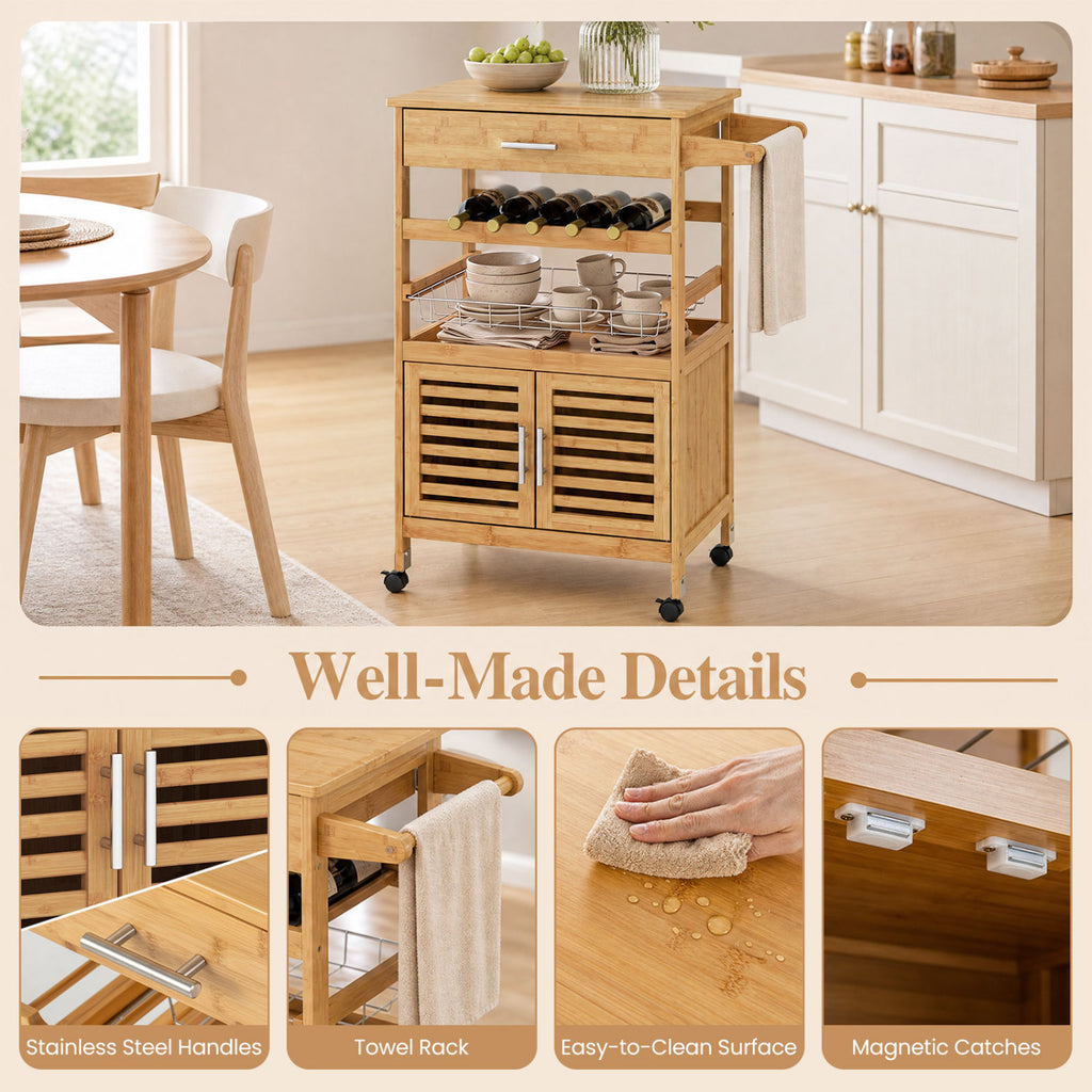 Bamboo Rolling Kitchen Island Trolley with Wine Rack - Natural