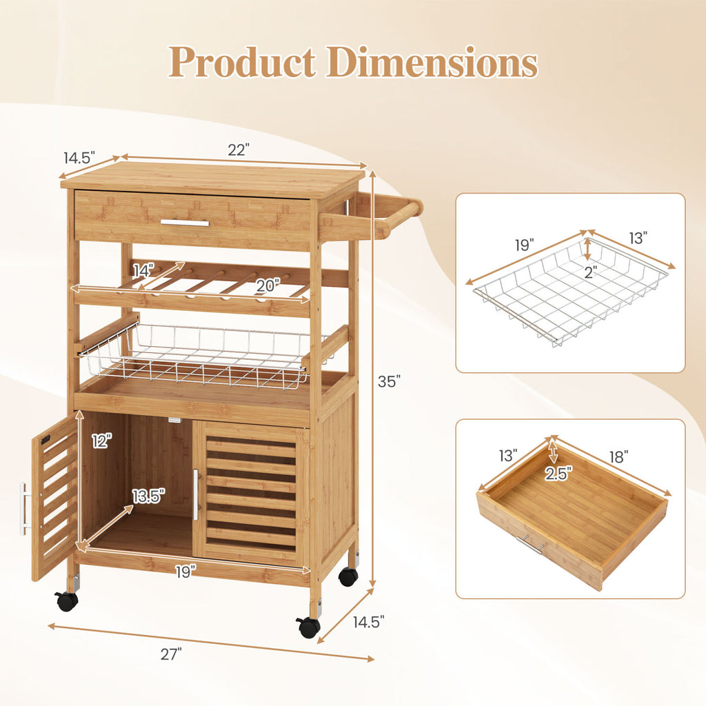 Bamboo Rolling Kitchen Island Trolley with Wine Rack - Natural
