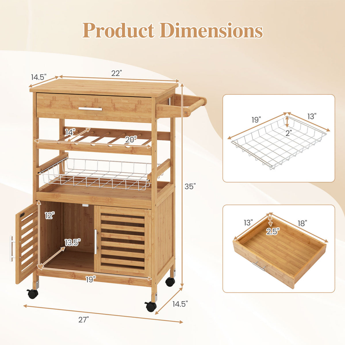 Bamboo Rolling Kitchen Island Trolley with Wine Rack - Natural