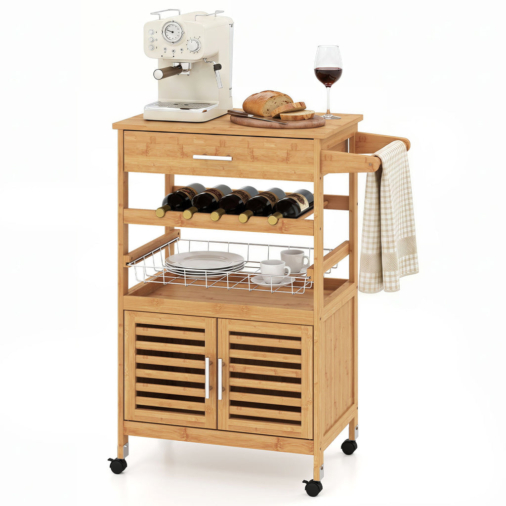 Bamboo Rolling Kitchen Island Trolley with Wine Rack - Natural