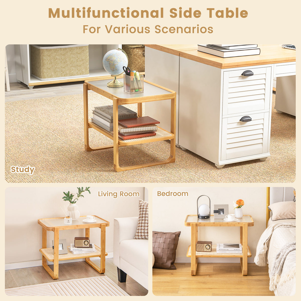 2-Tier Bamboo Side Table with Glass Top, Natural