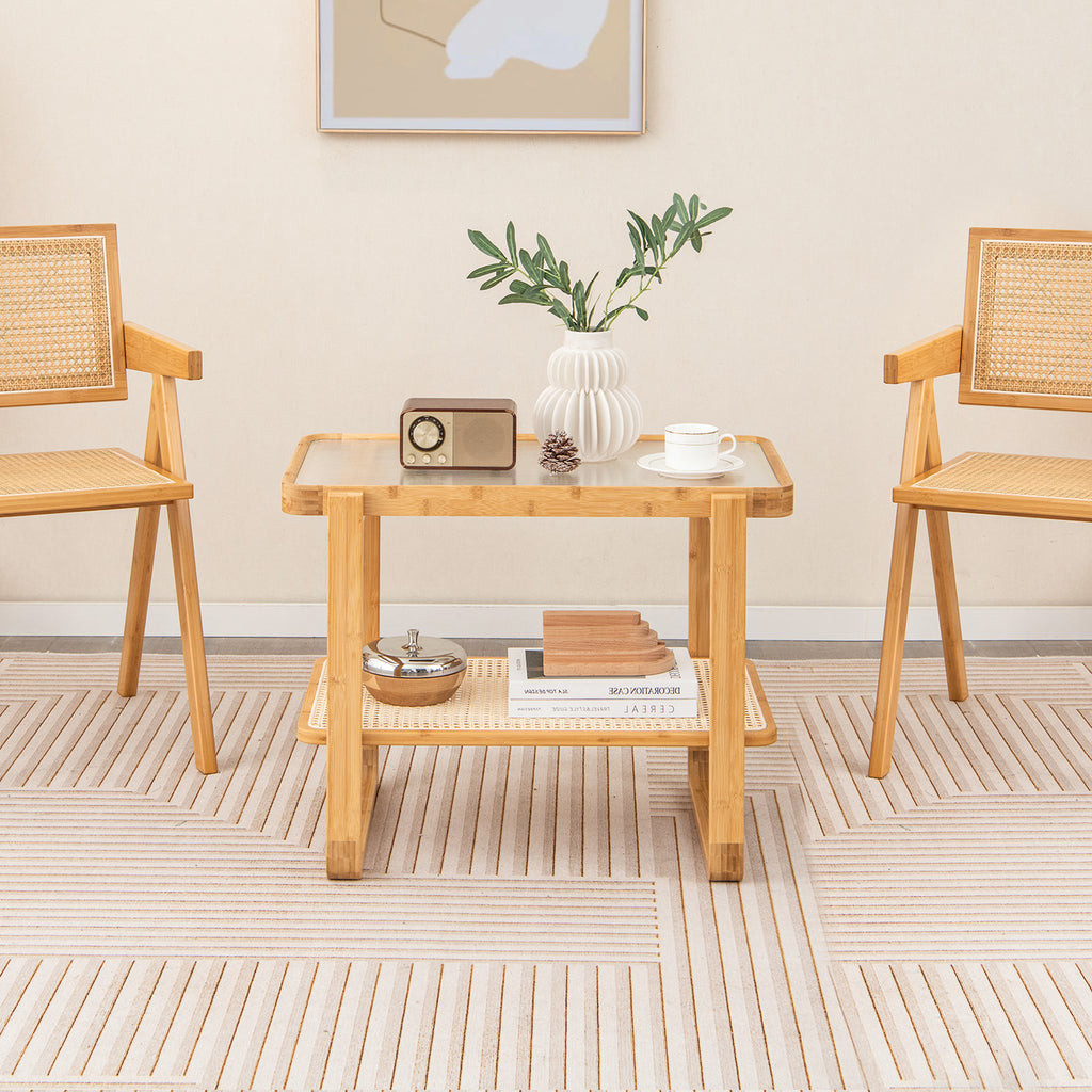 Bamboo Side Table with Glass Top - Natural