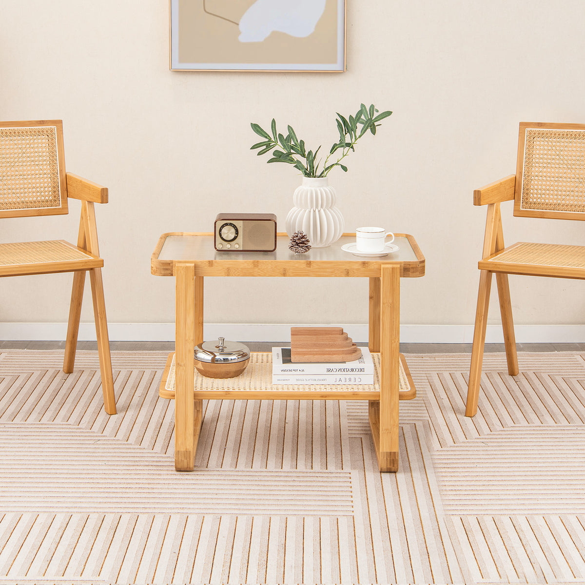 Bamboo Side Table with Glass Top - Natural