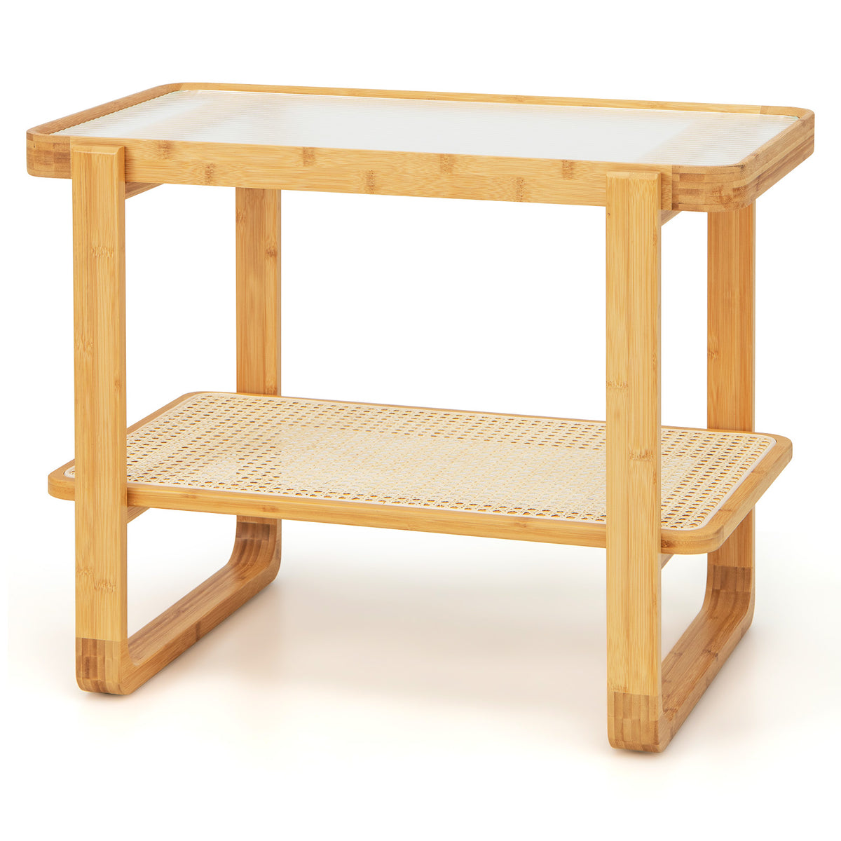 2-Tier Bamboo Side Table with Glass Top, Natural