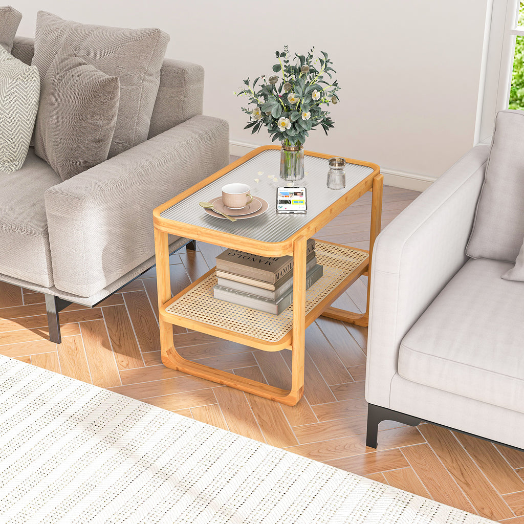 Bamboo Side Table with Glass Top - Natural