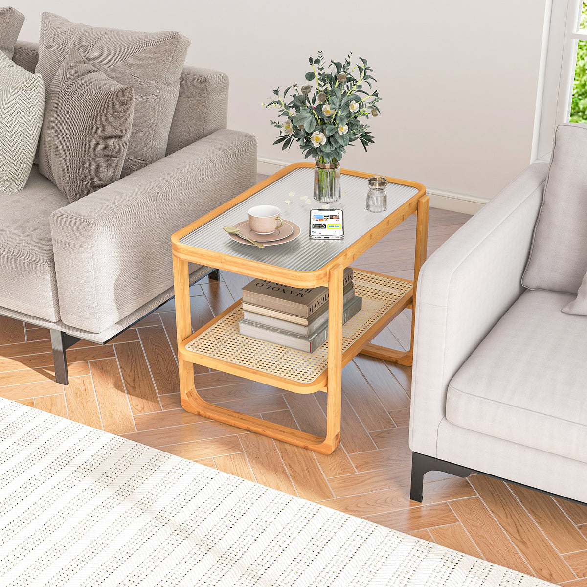 Bamboo Side Table with Glass Top - Natural