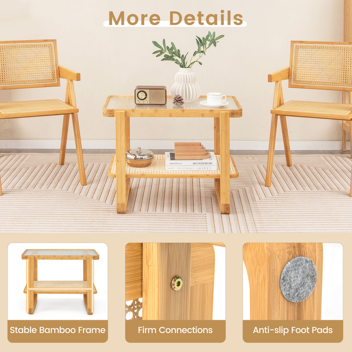 2-Tier Bamboo Side Table with Glass Top, Natural