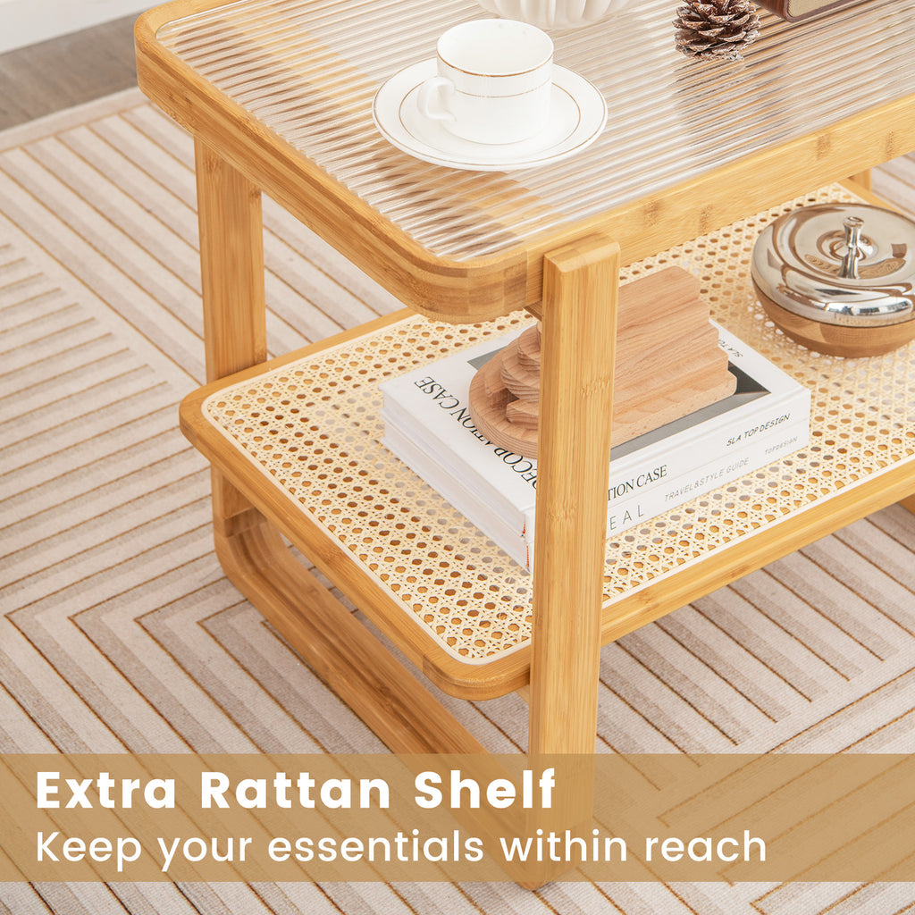 2-Tier Bamboo Side Table with Glass Top, Natural