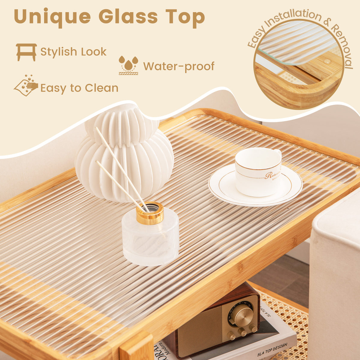 2-Tier Bamboo Side Table with Glass Top, Natural