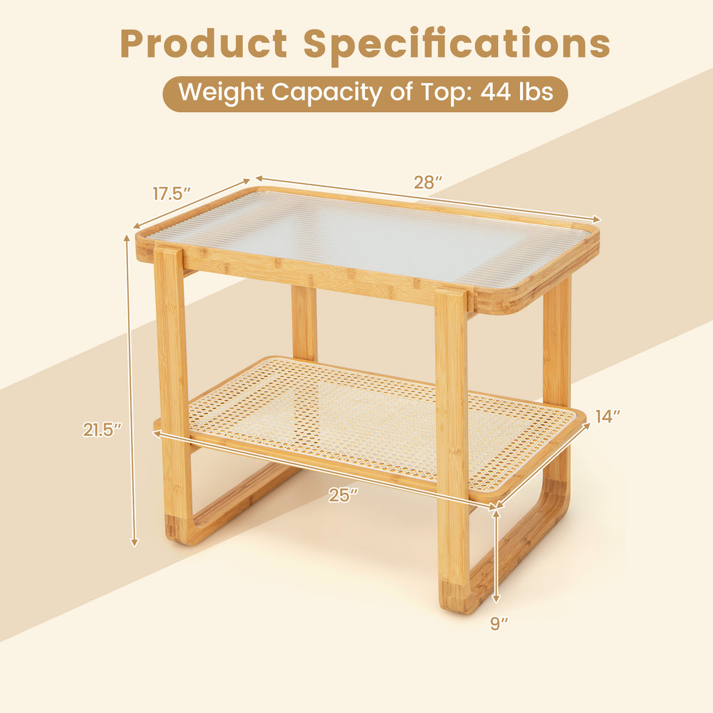 Bamboo Side Table with Glass Top - Natural