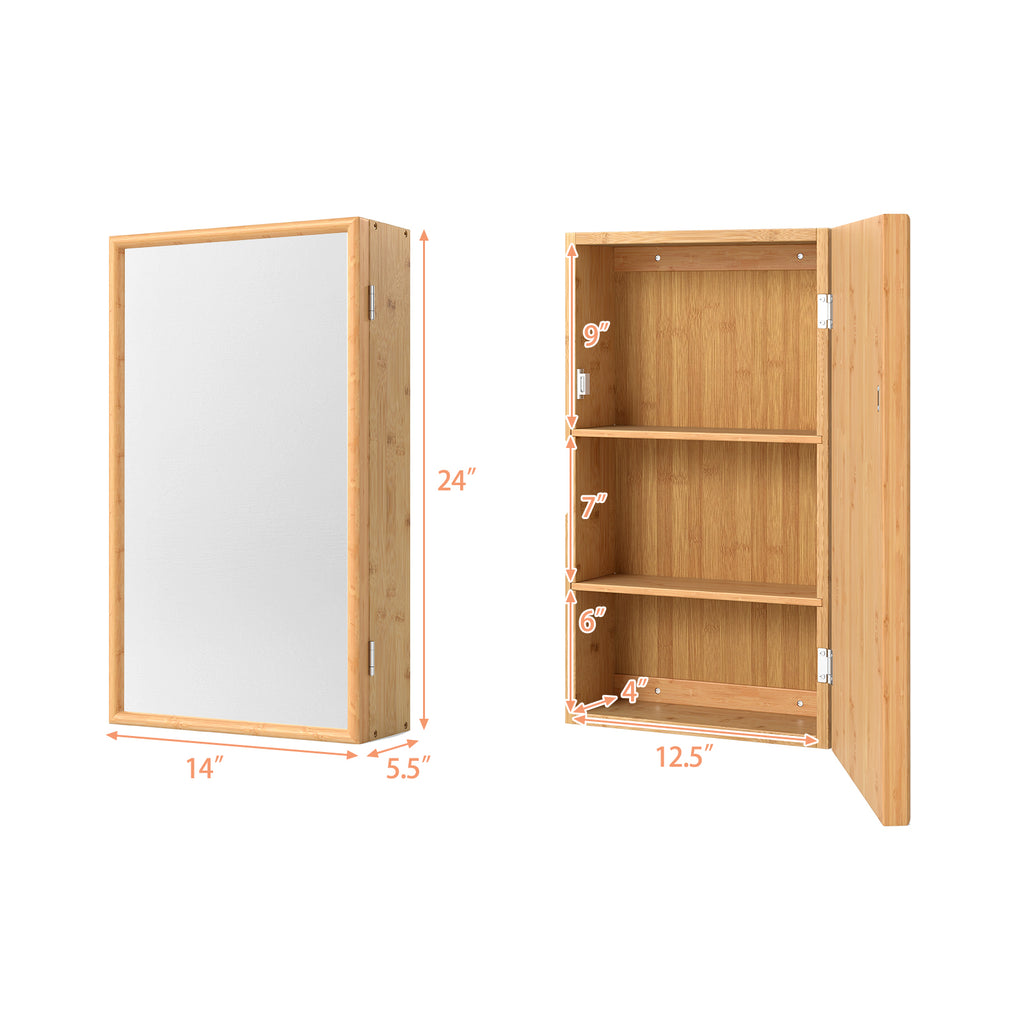 Bamboo Small Medicine Cabinet with Mirror Door and Removable Shelves