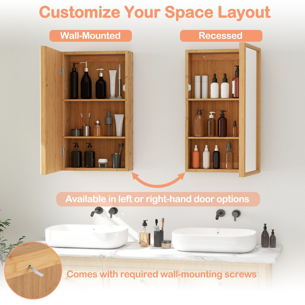 Bamboo Small Medicine Cabinet with Mirror Door and Removable Shelves