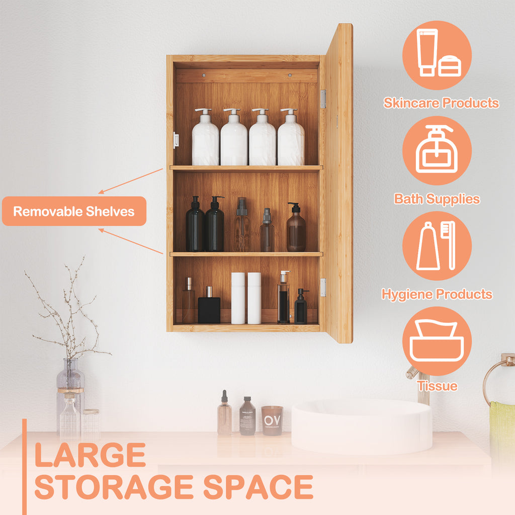 Bamboo Small Medicine Cabinet with Mirror Door and Removable Shelves