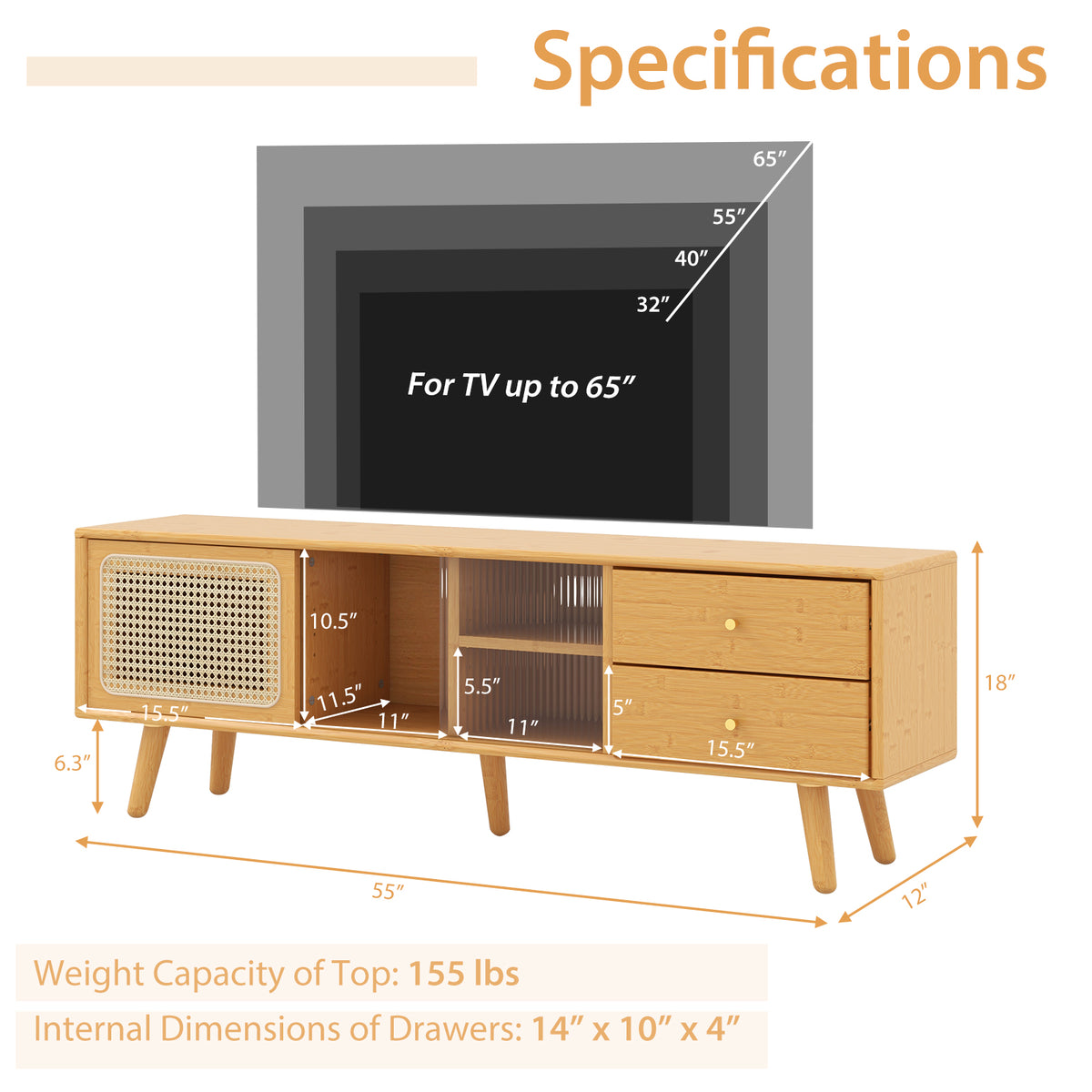 Bamboo TV Stand for TV up to 65 Inch - Natural
