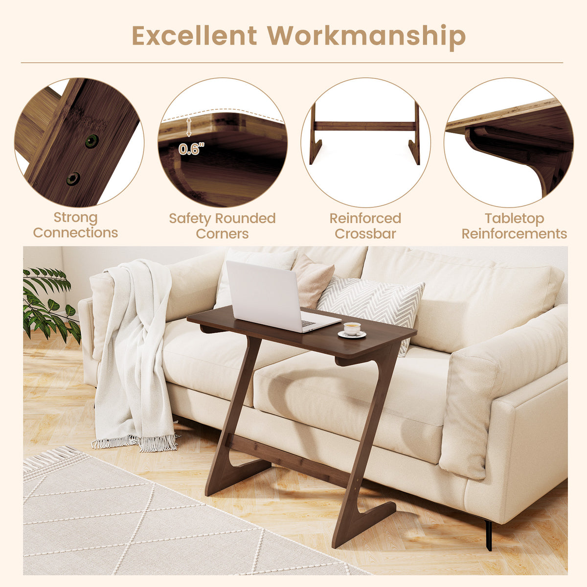 Bamboo Z-Shaped Sofa Side Table, Brown