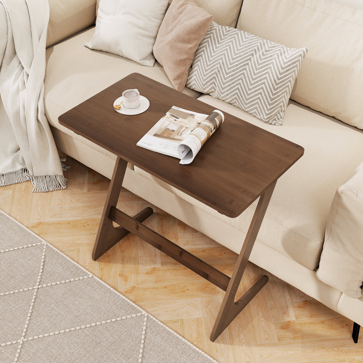 Bamboo Z-Shaped Sofa Side Table, Brown