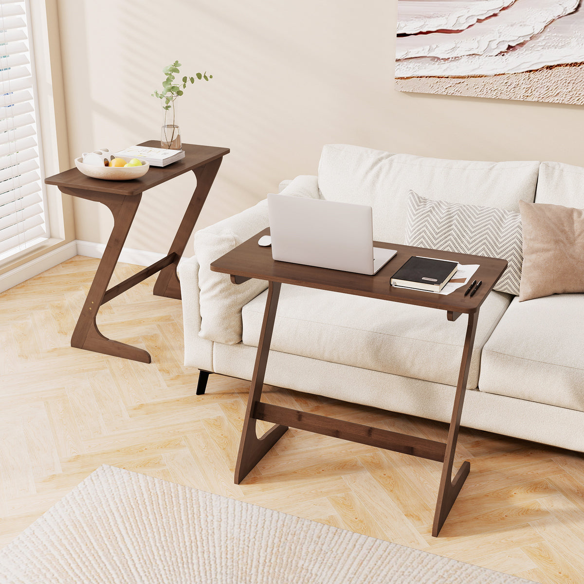 Bamboo Z-Shaped Sofa Side Table, Brown