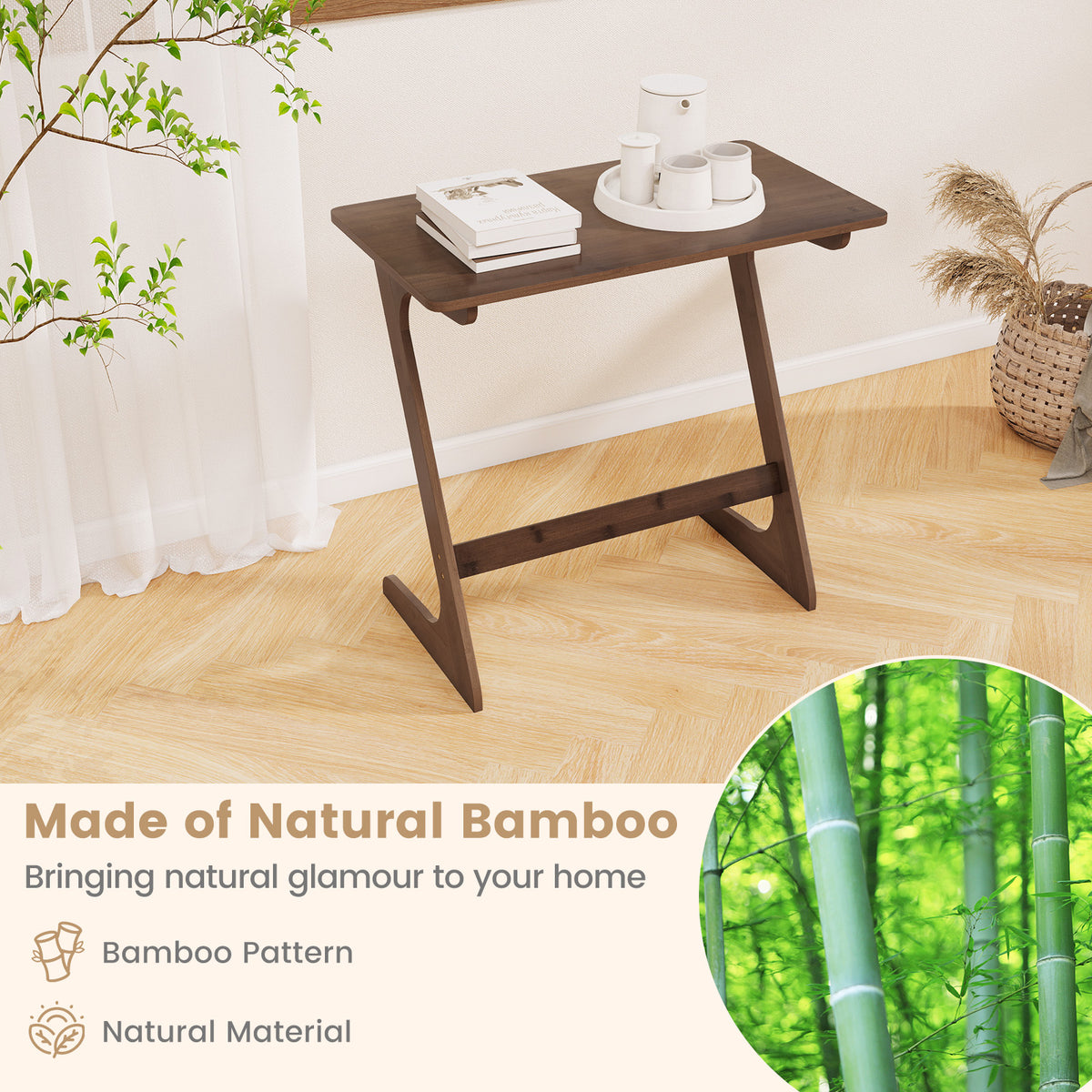 Bamboo Z-Shaped Sofa Side Table, Brown