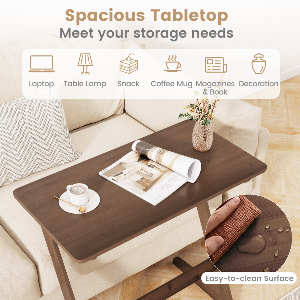 Bamboo Z-Shaped Sofa Side Table, Brown