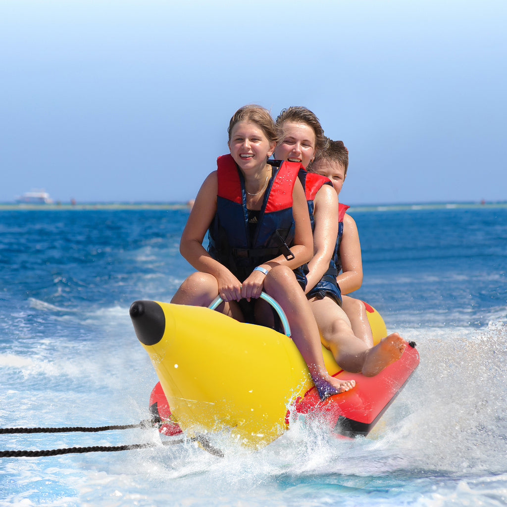 3-Person Inflatable Banana Boat with Electric Pump & Repair Kit - Red & Yellow