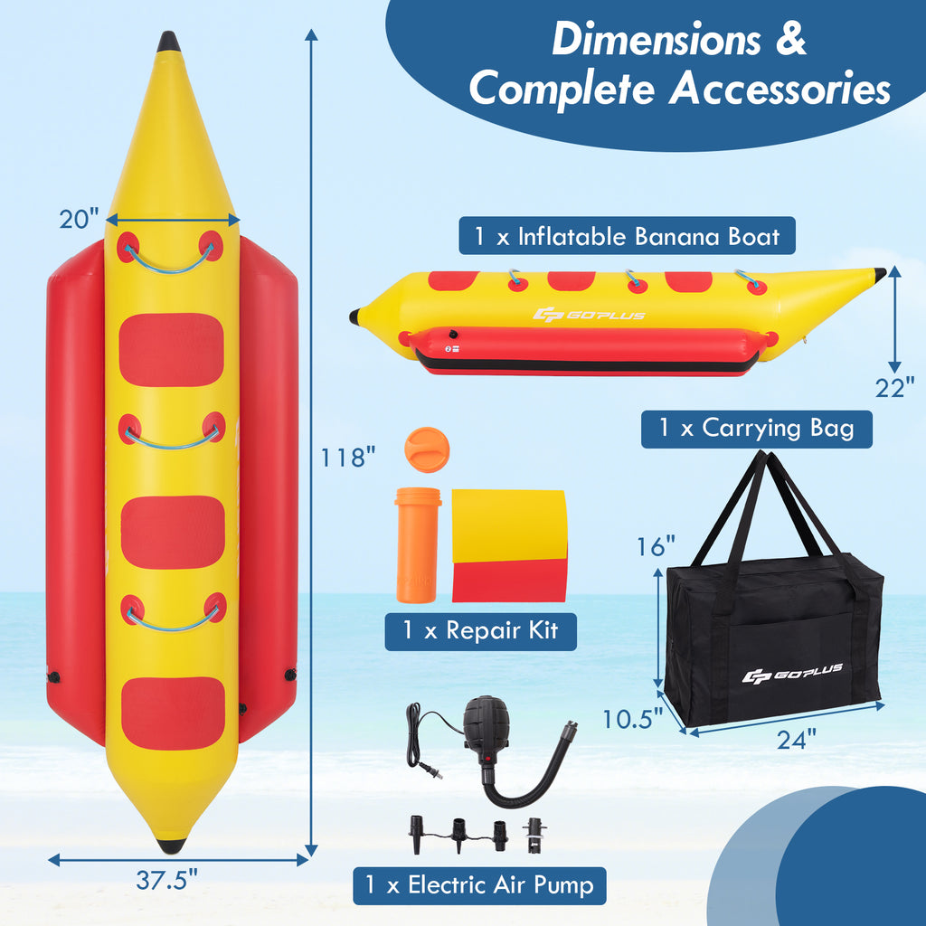 3-Person Inflatable Banana Boat with Electric Pump & Repair Kit - Red & Yellow