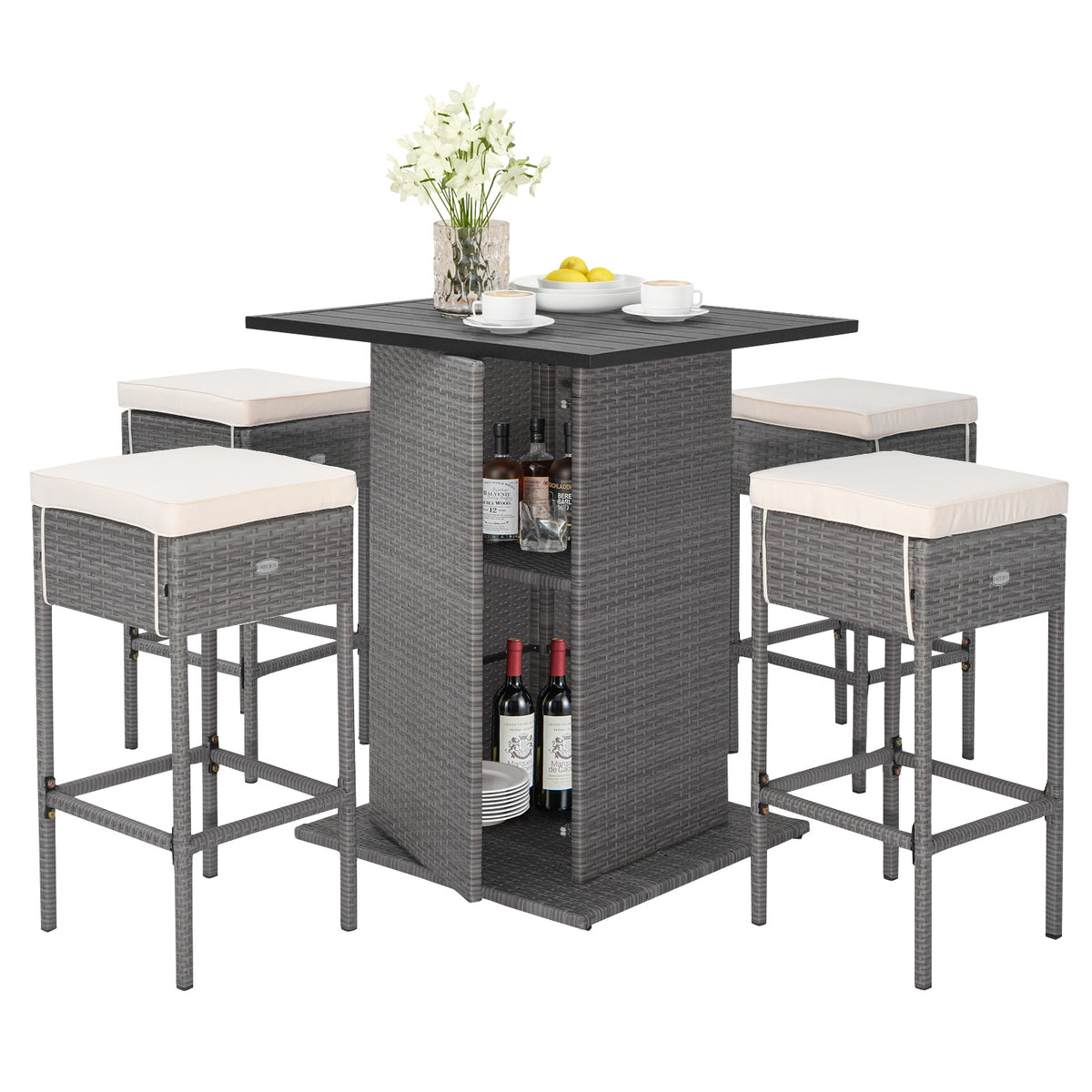 5-Piece Outdoor Wicker Bar Table Set with Storage - Style 2
