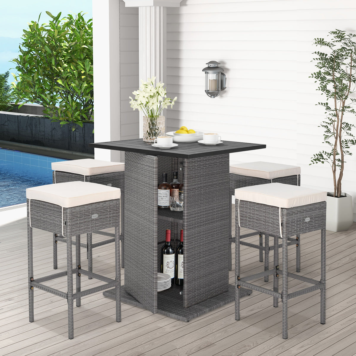5-Piece Outdoor Wicker Bar Table Set with Storage - Style 2