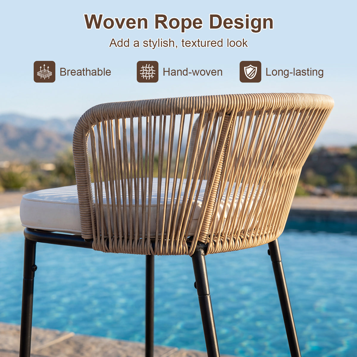 Bar Height Woven Rope Patio Chairs Set of 2