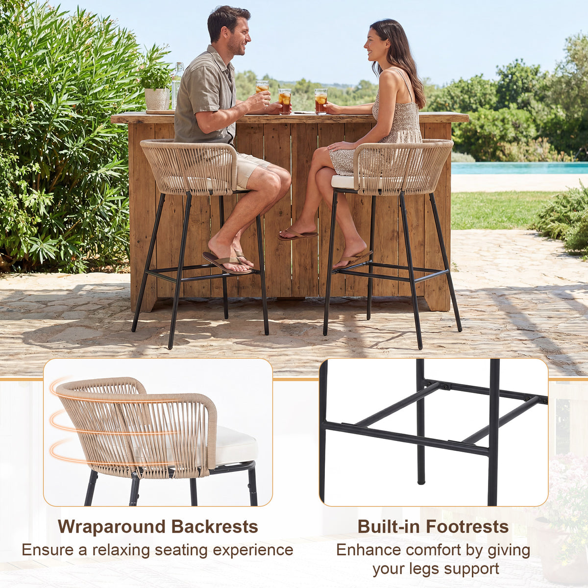 Bar Height Woven Rope Patio Chairs Set of 2