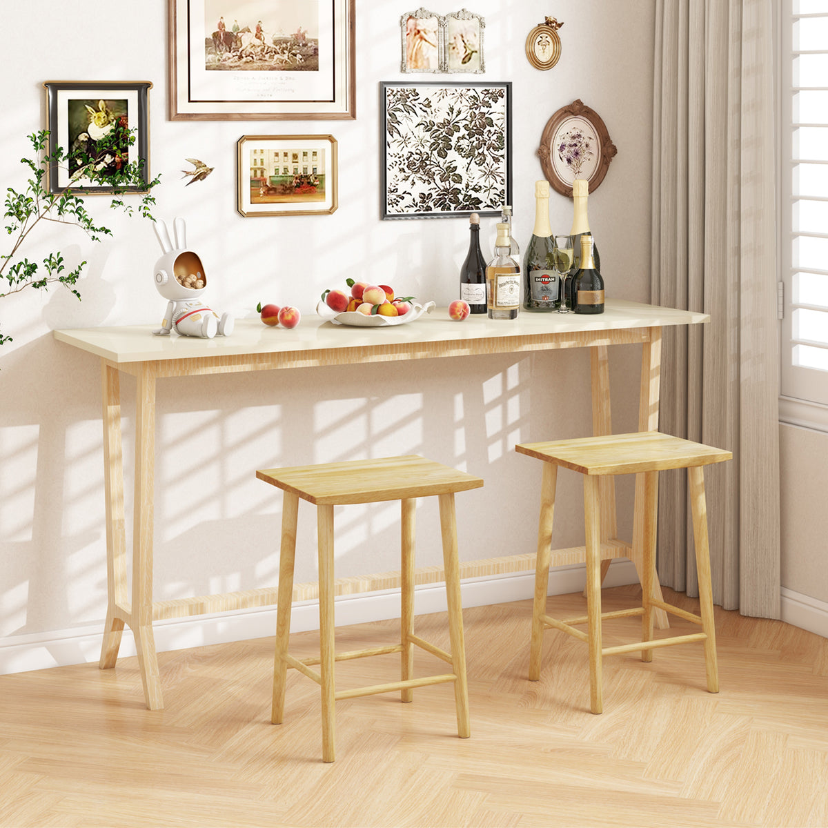 25.5" Bar Stools Set of 2 with Footrest - Natural Wood