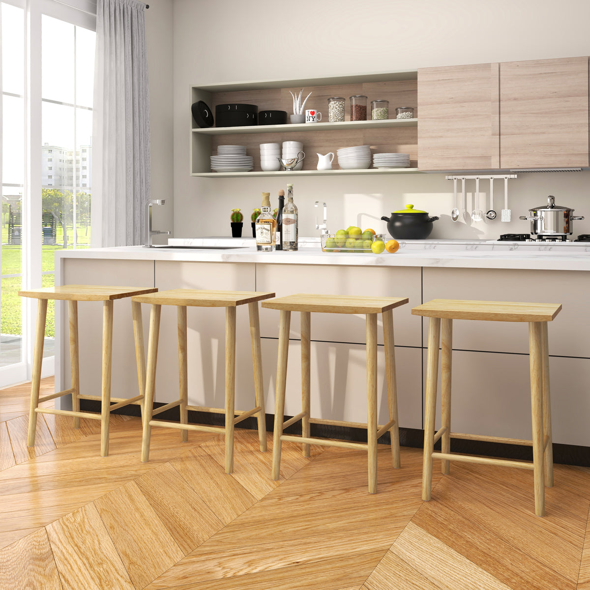 25.5" Bar Stools Set of 2 with Footrest - Natural Wood