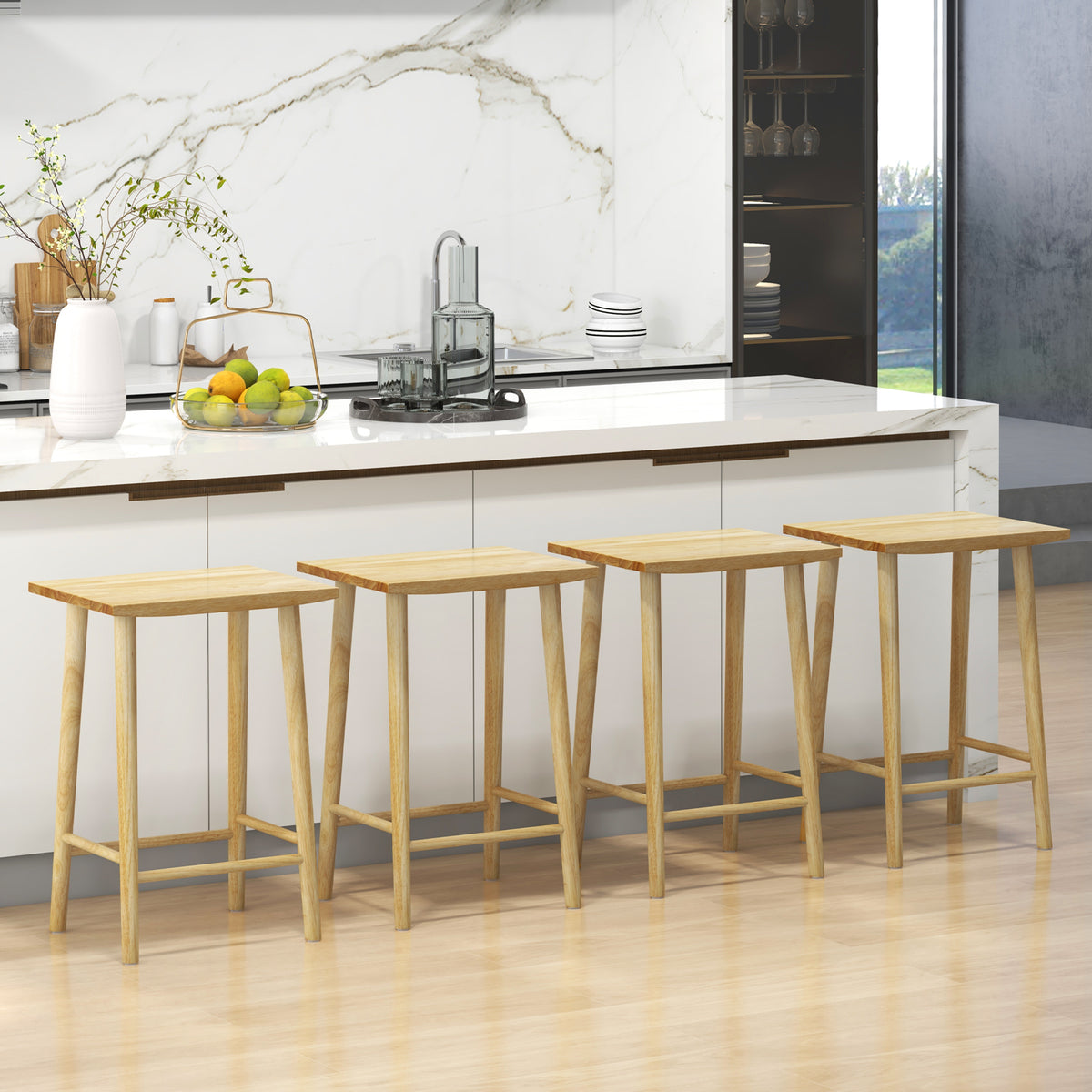 25.5" Bar Stools Set of 2 with Footrest - Natural Wood