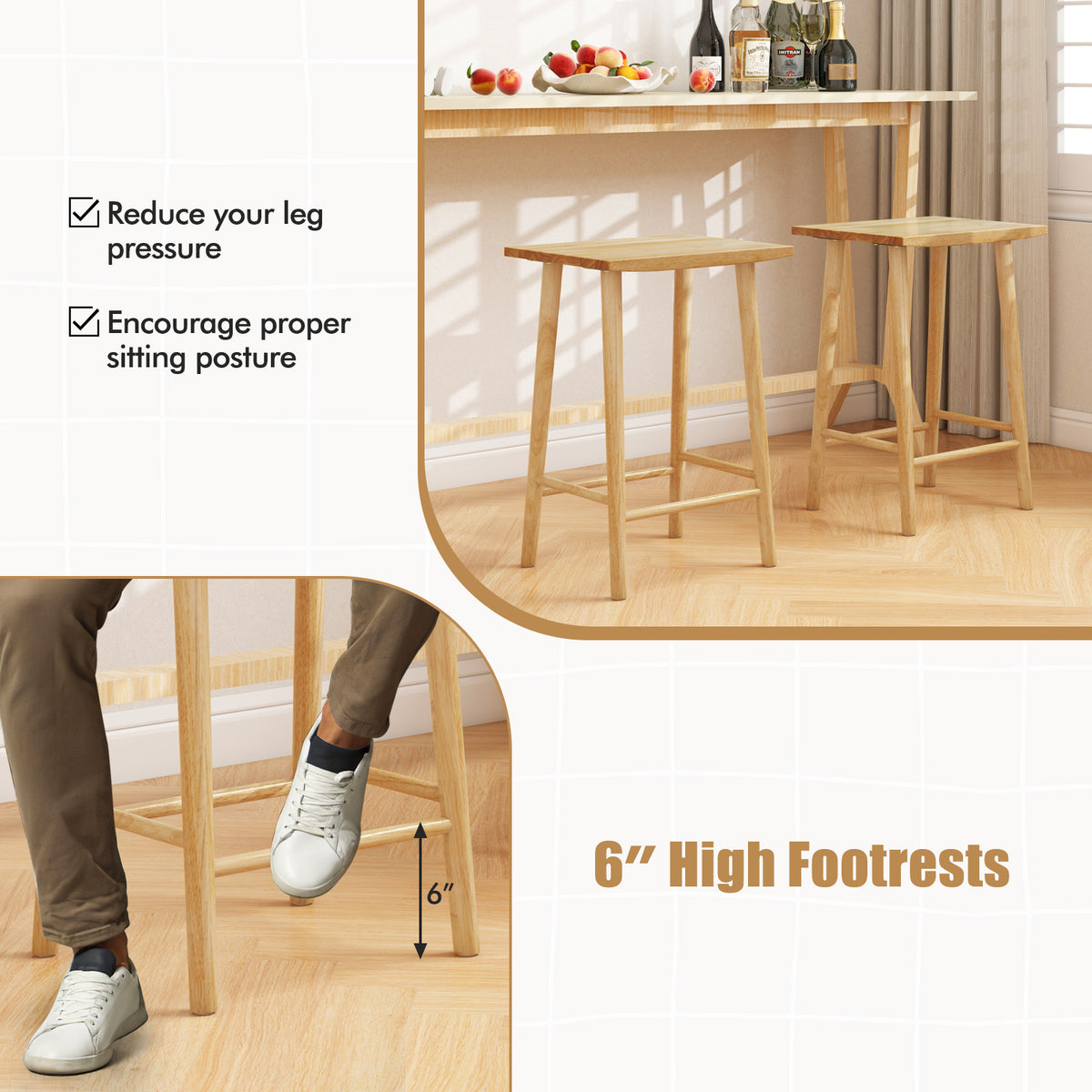25.5" Bar Stools Set of 2 with Footrest - Natural Wood