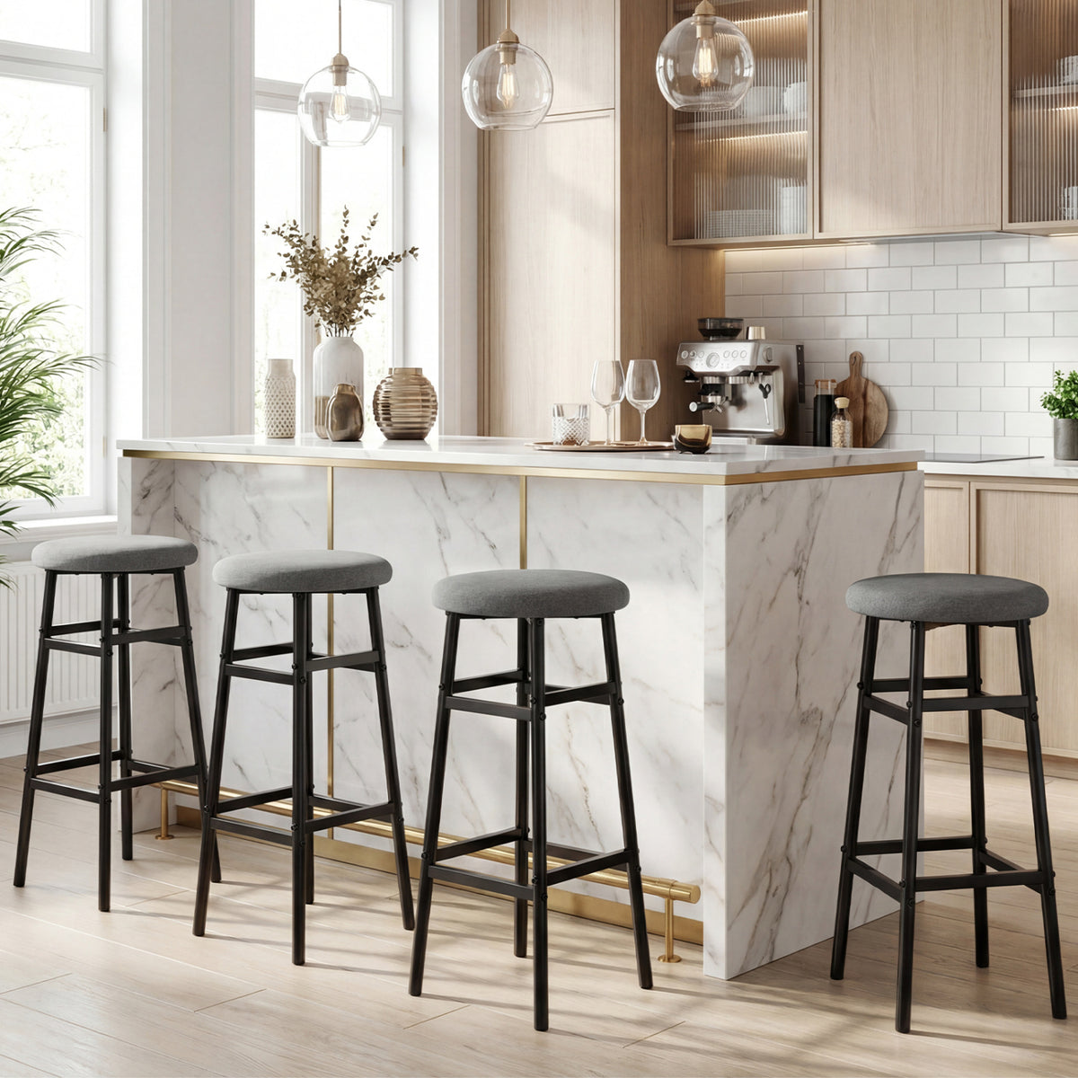 Bar Stools Set of 2 with Metal Frame and Footrest - Black & Gray