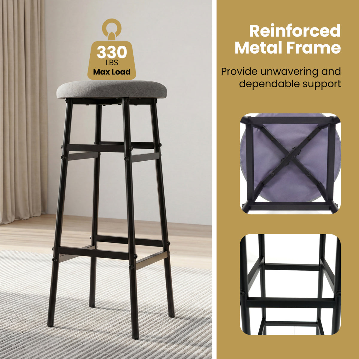 Bar Stools Set of 2 with Metal Frame and Footrest - Black & Gray