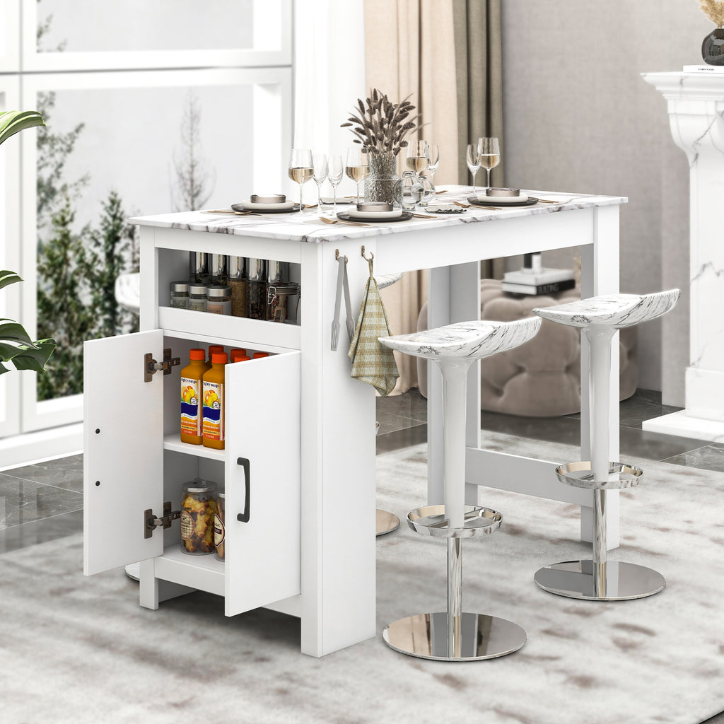 Bar Table with Faux Marble Top & Storage - White