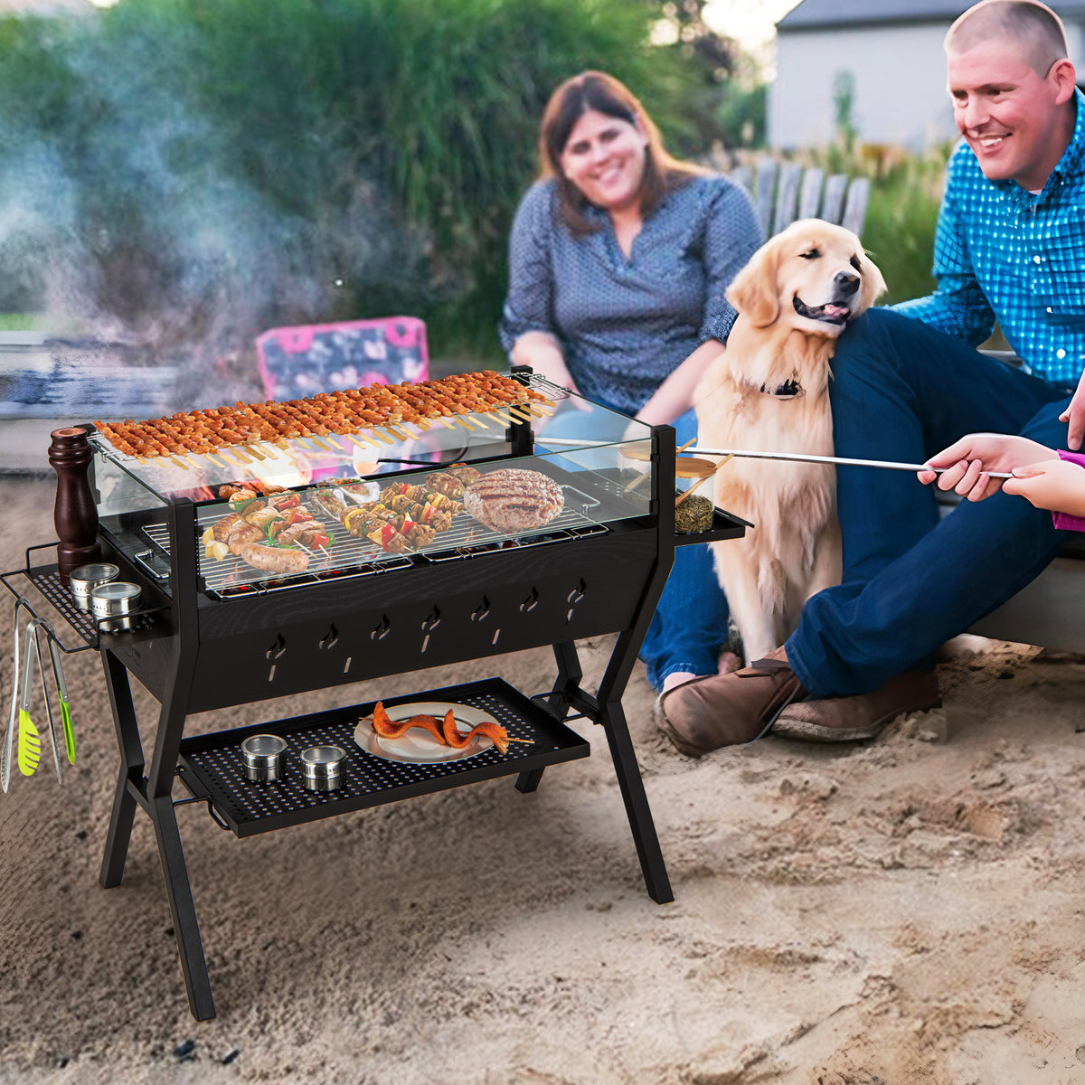 Charcoal Grill 3-in-1 with Wind Guard & Seasoning Racks - Black & Brown