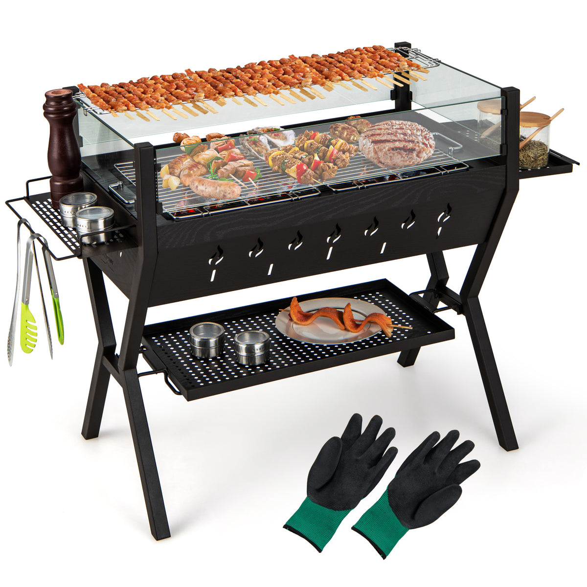 Charcoal Grill 3-in-1 with Wind Guard & Seasoning Racks - Black & Brown