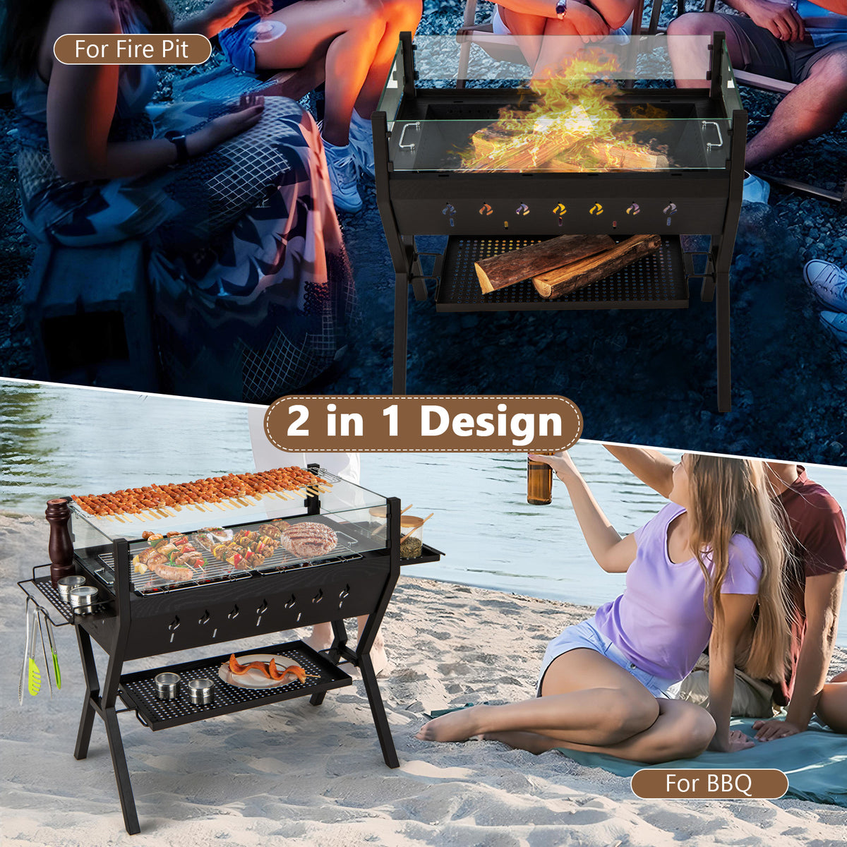 Charcoal Grill 3-in-1 with Wind Guard & Seasoning Racks - Black & Brown