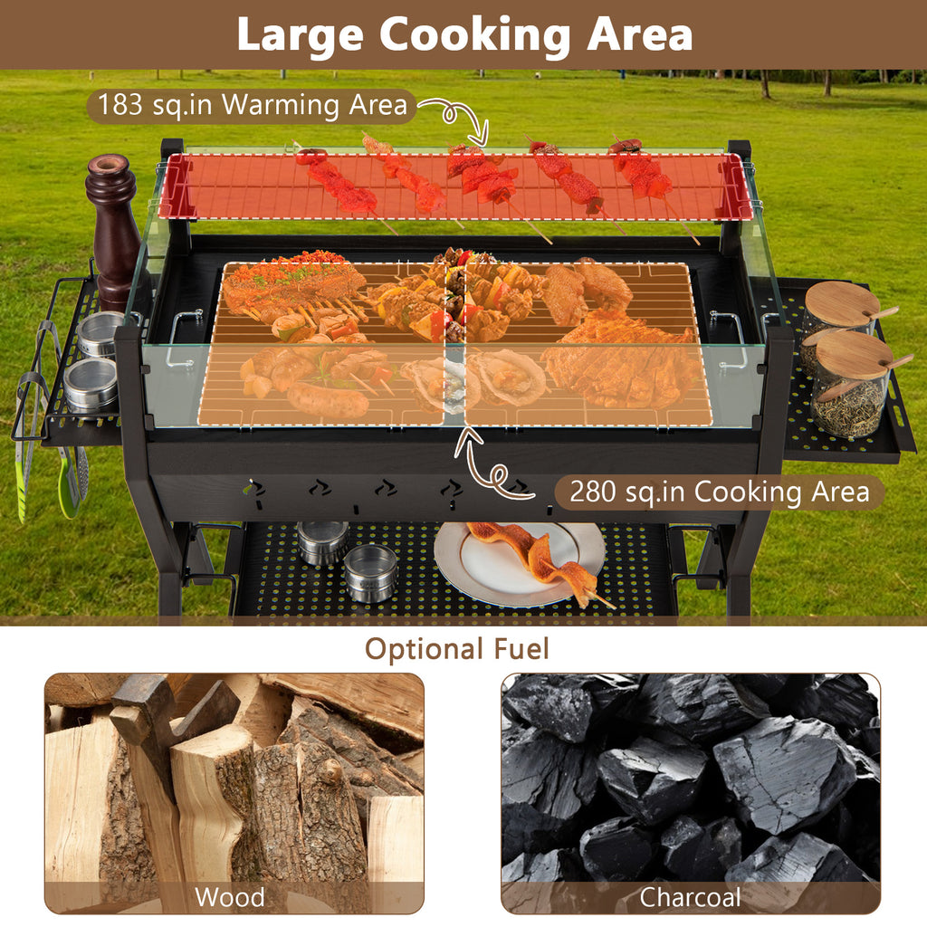 Charcoal Grill 3-in-1 with Wind Guard & Seasoning Racks - Black & Brown