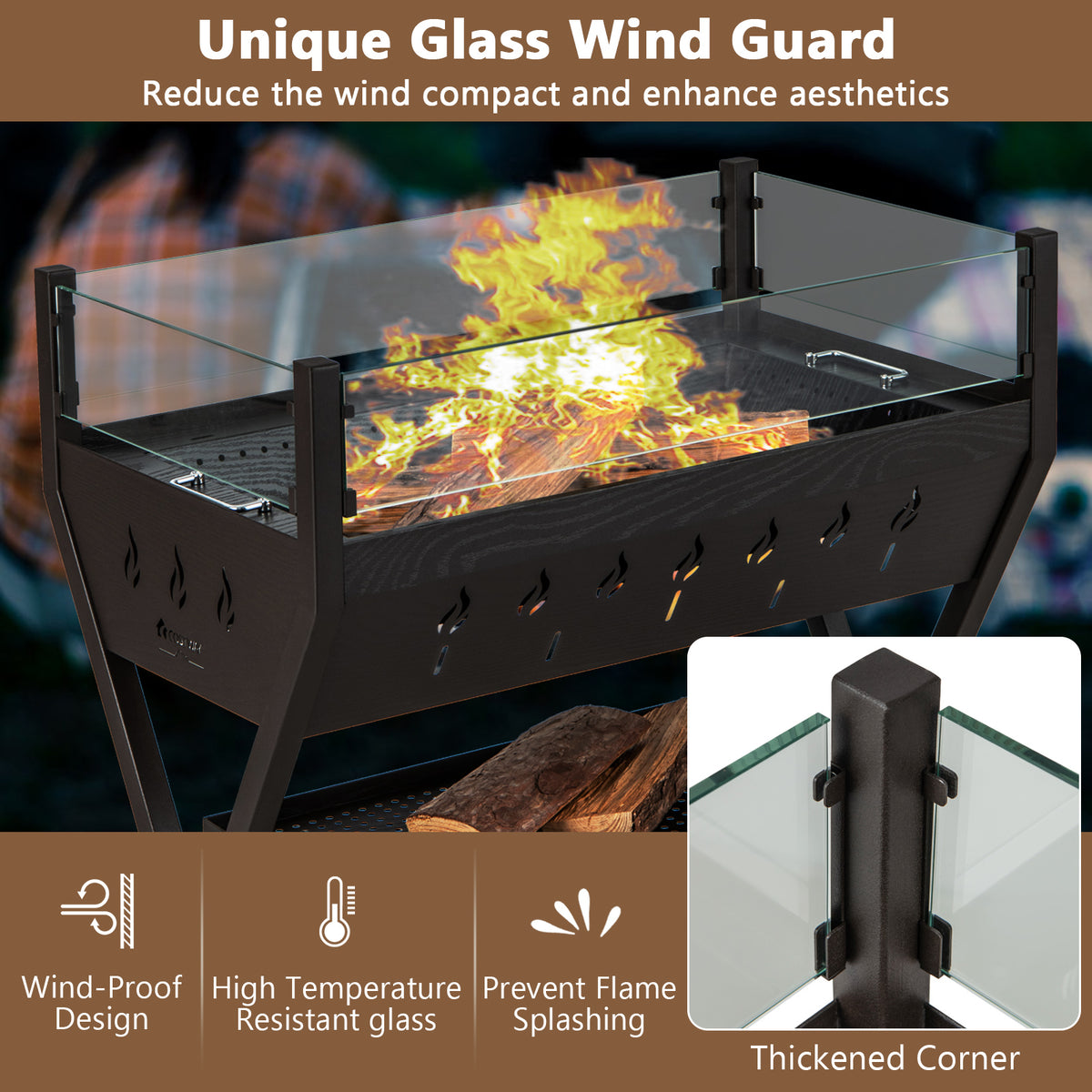 Charcoal Grill 3-in-1 with Wind Guard & Seasoning Racks - Black & Brown
