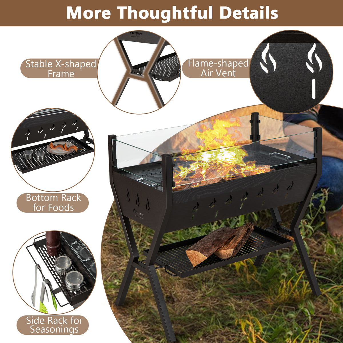 Charcoal Grill 3-in-1 with Wind Guard & Seasoning Racks - Black & Brown