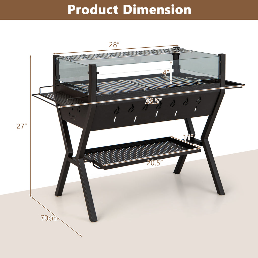 Charcoal Grill 3-in-1 with Wind Guard & Seasoning Racks - Black & Brown