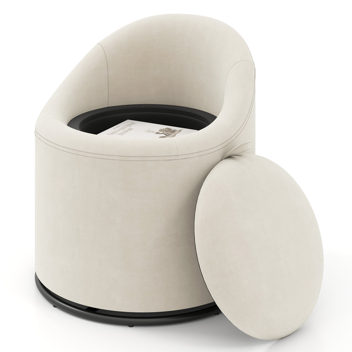Barrel Chair with Storage and 360° Swivel - Beige
