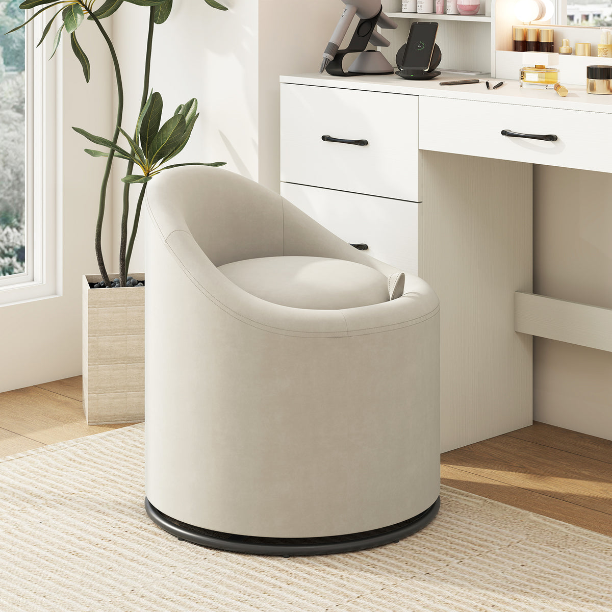 Barrel Chair with Storage and 360° Swivel - Beige