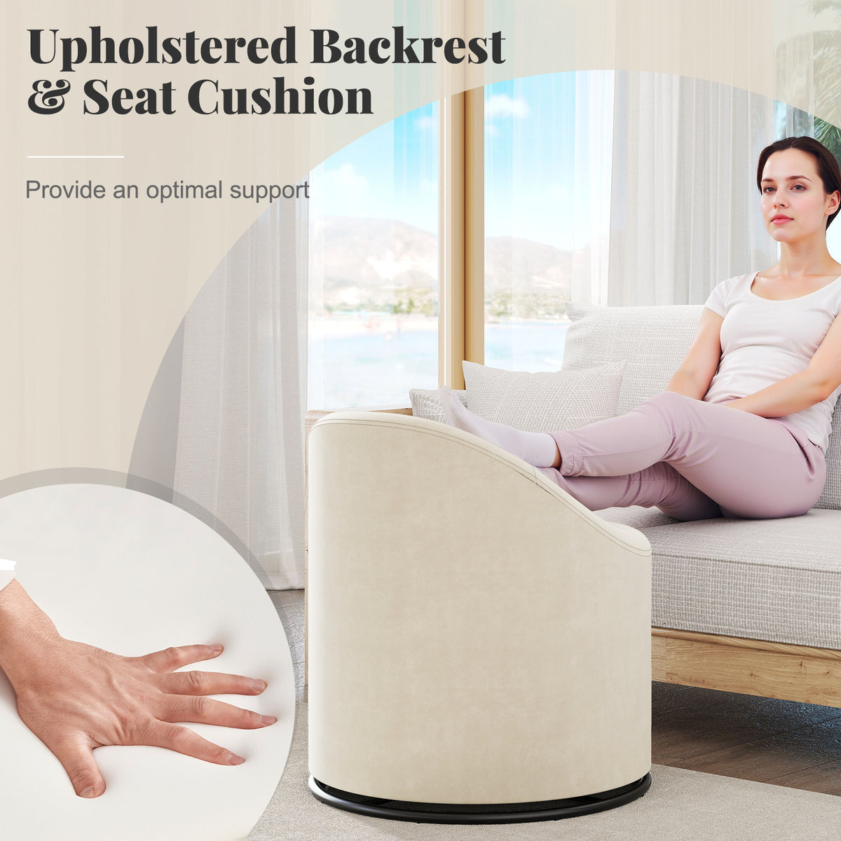 Barrel Chair with Storage, 360° Swivel, Beige