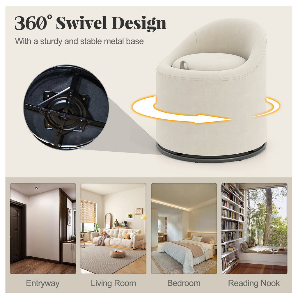 Barrel Chair with Storage, 360° Swivel, Beige