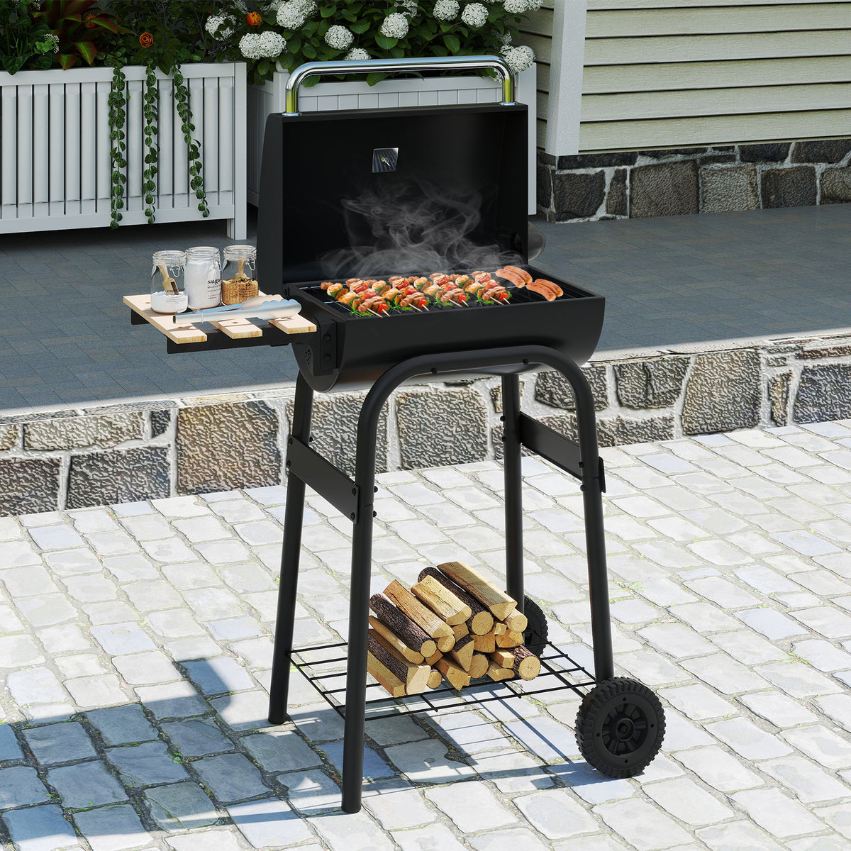 Barrel Charcoal Grill with Foldable Side Table and Thermostat