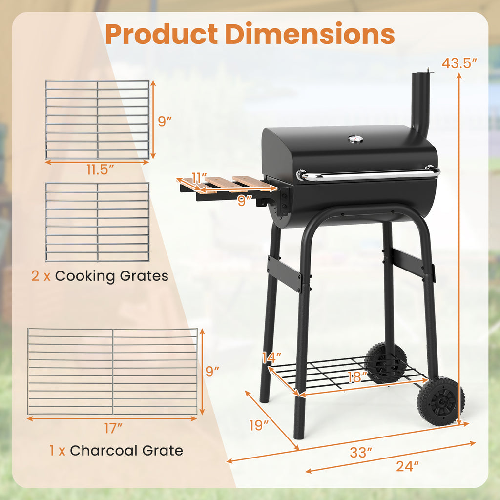 Barrel Charcoal Grill with Foldable Side Table and Thermostat